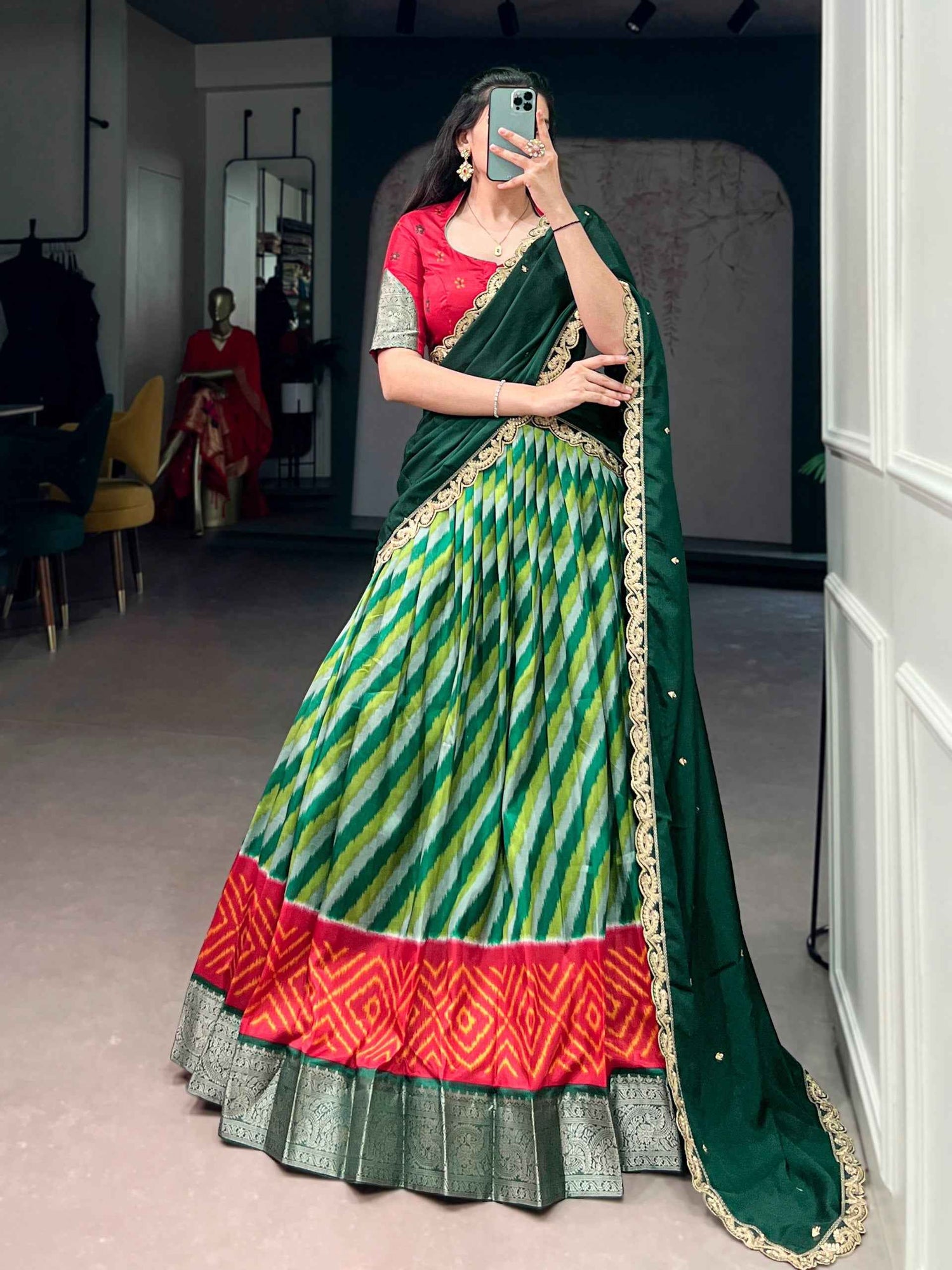 Green Pure Soft Tasar Silk Leheriya Print With Zari Weaving Work Lehenga Choli