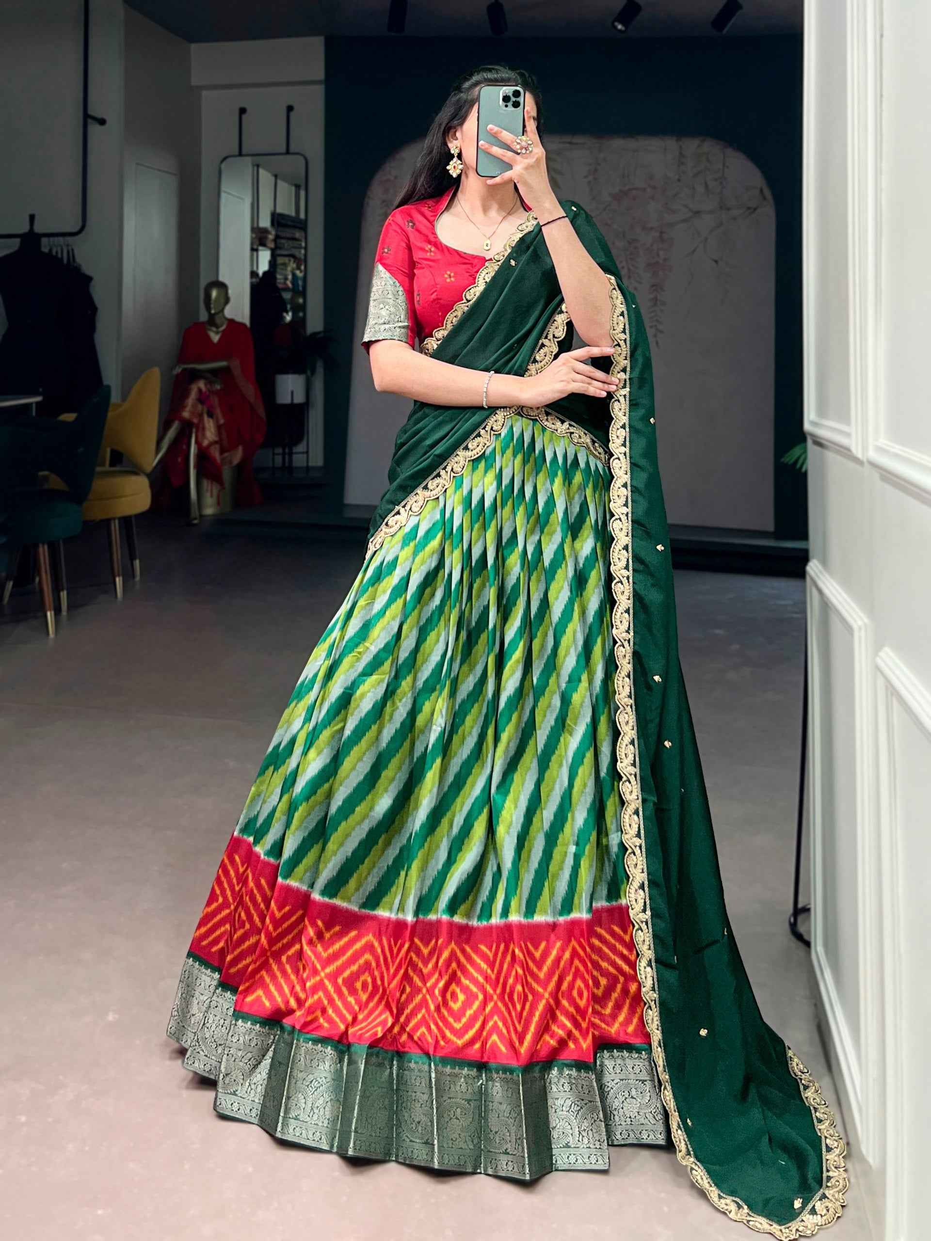 Green Pure Soft Tasar Silk Leheriya Print With Zari Weaving Work Lehenga Choli