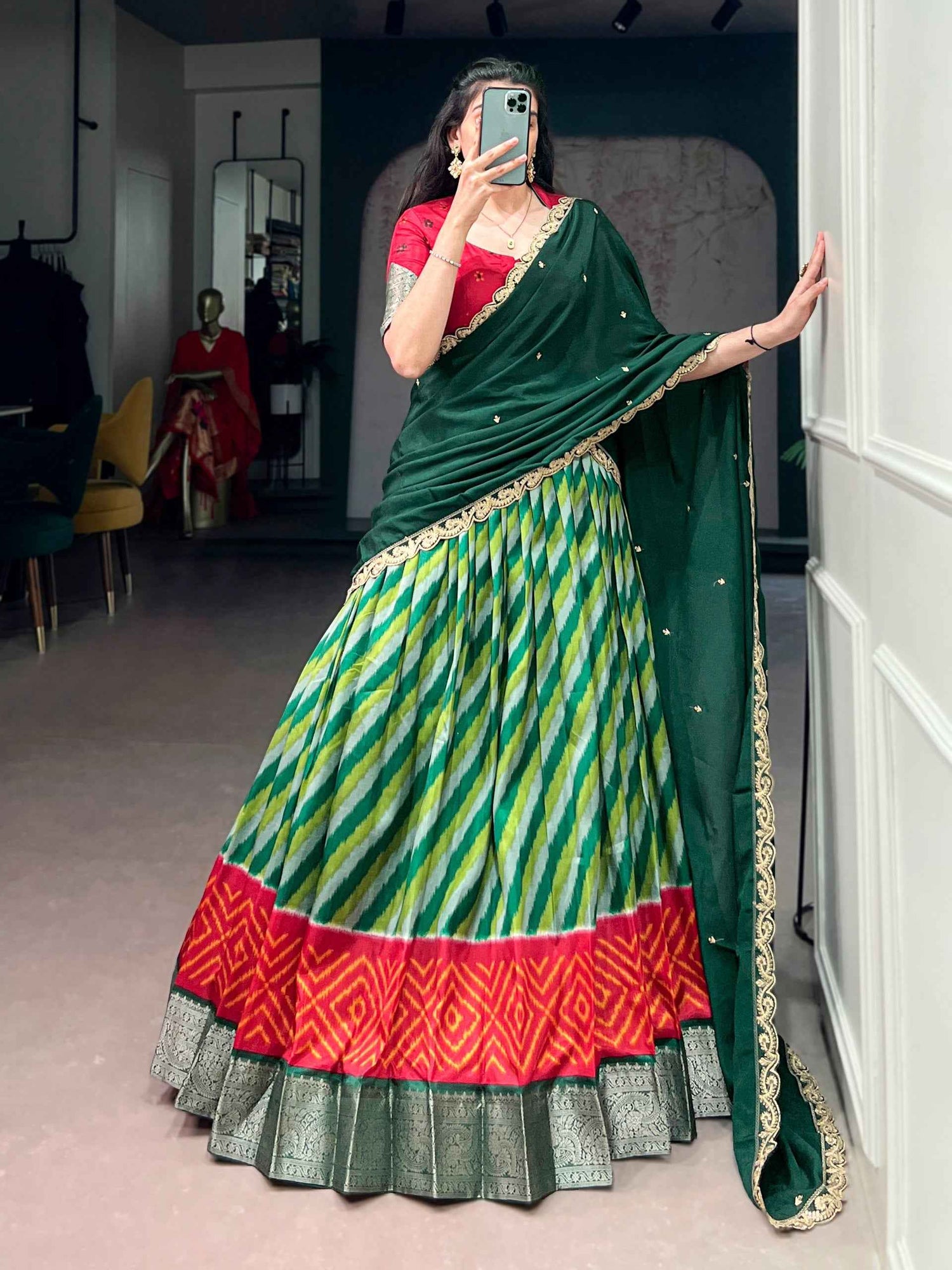 Green Pure Soft Tasar Silk Leheriya Print With Zari Weaving Work Lehenga Choli