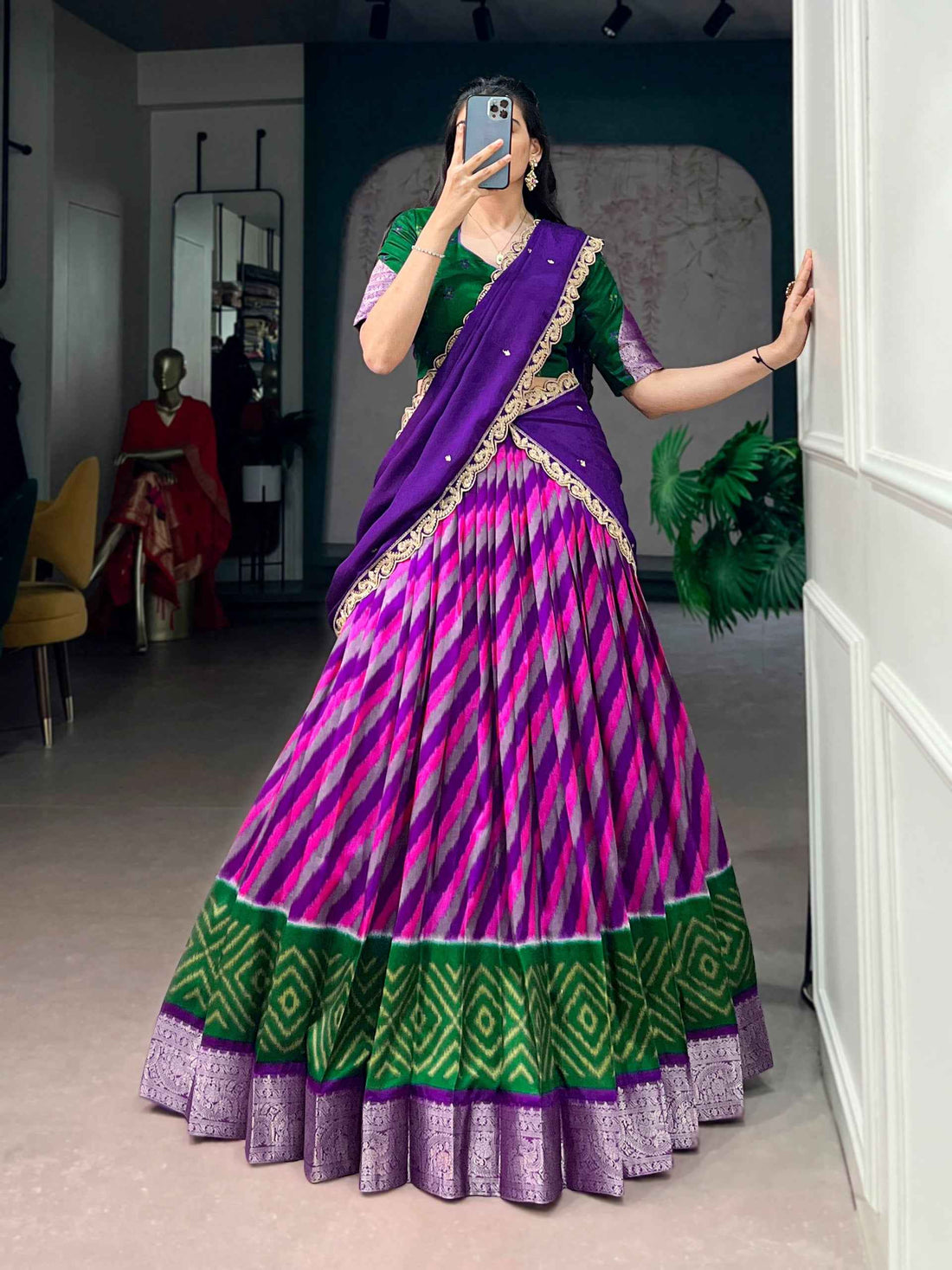 Purple Pure Soft Tasar Silk Leheriya Print With Zari Weaving Work Lehenga Choli