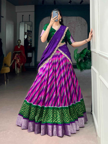Purple Pure Soft Tasar Silk Leheriya Print With Zari Weaving Work Lehenga Choli