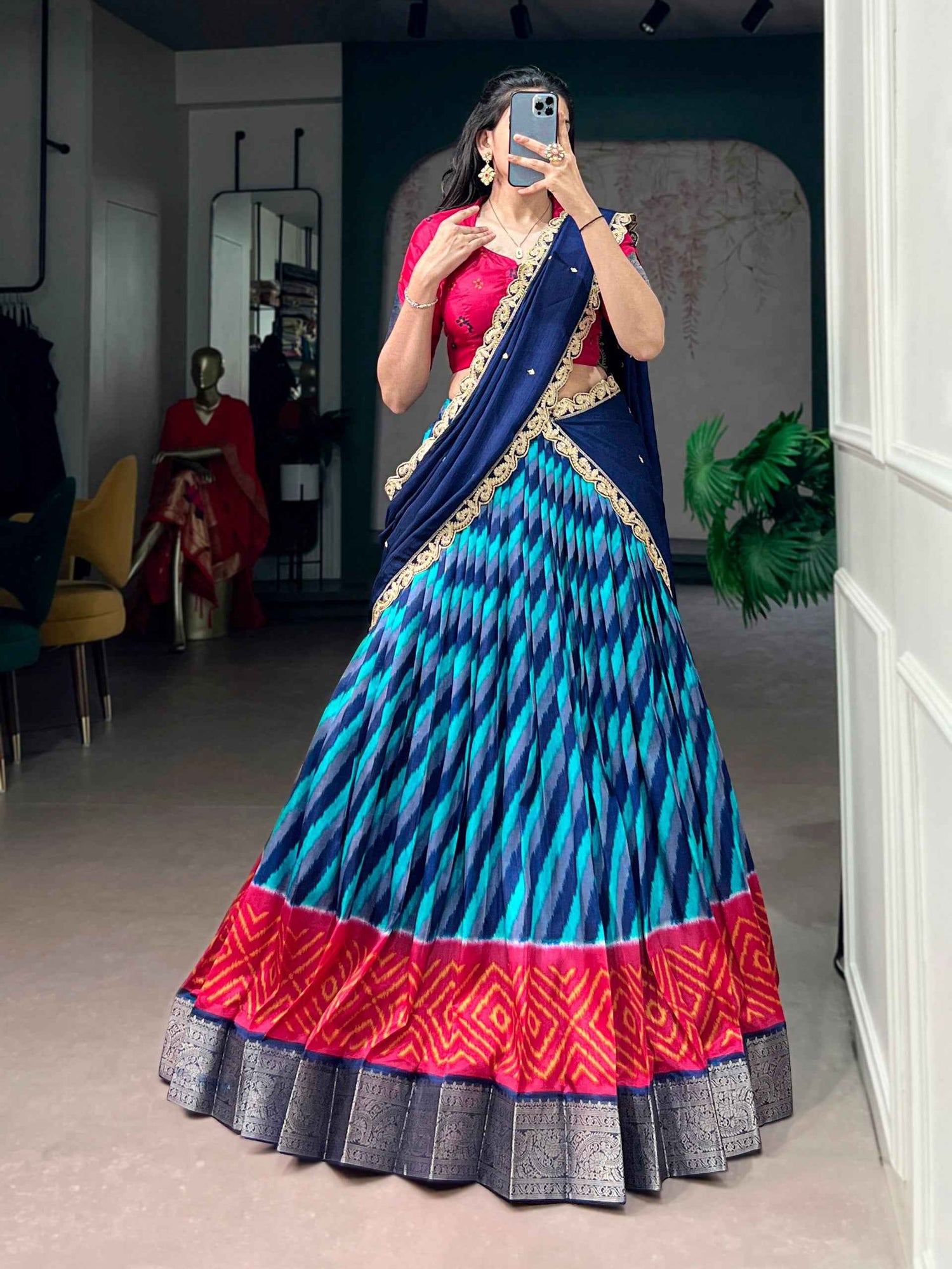 Blue Pure Soft Tasar Silk Leheriya Print With Zari Weaving Work Lehenga Choli
