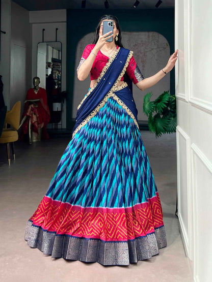 Blue Pure Soft Tasar Silk Leheriya Print With Zari Weaving Work Lehenga Choli