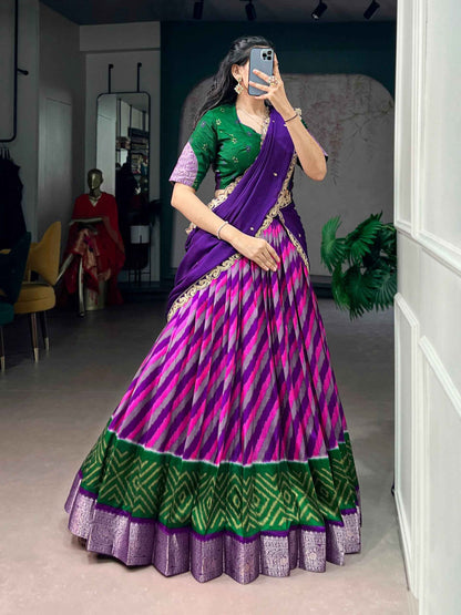 Purple Pure Soft Tasar Silk Leheriya Print With Zari Weaving Work Lehenga Choli