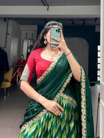 Green Pure Soft Tasar Silk Leheriya Print With Zari Weaving Work Lehenga Choli