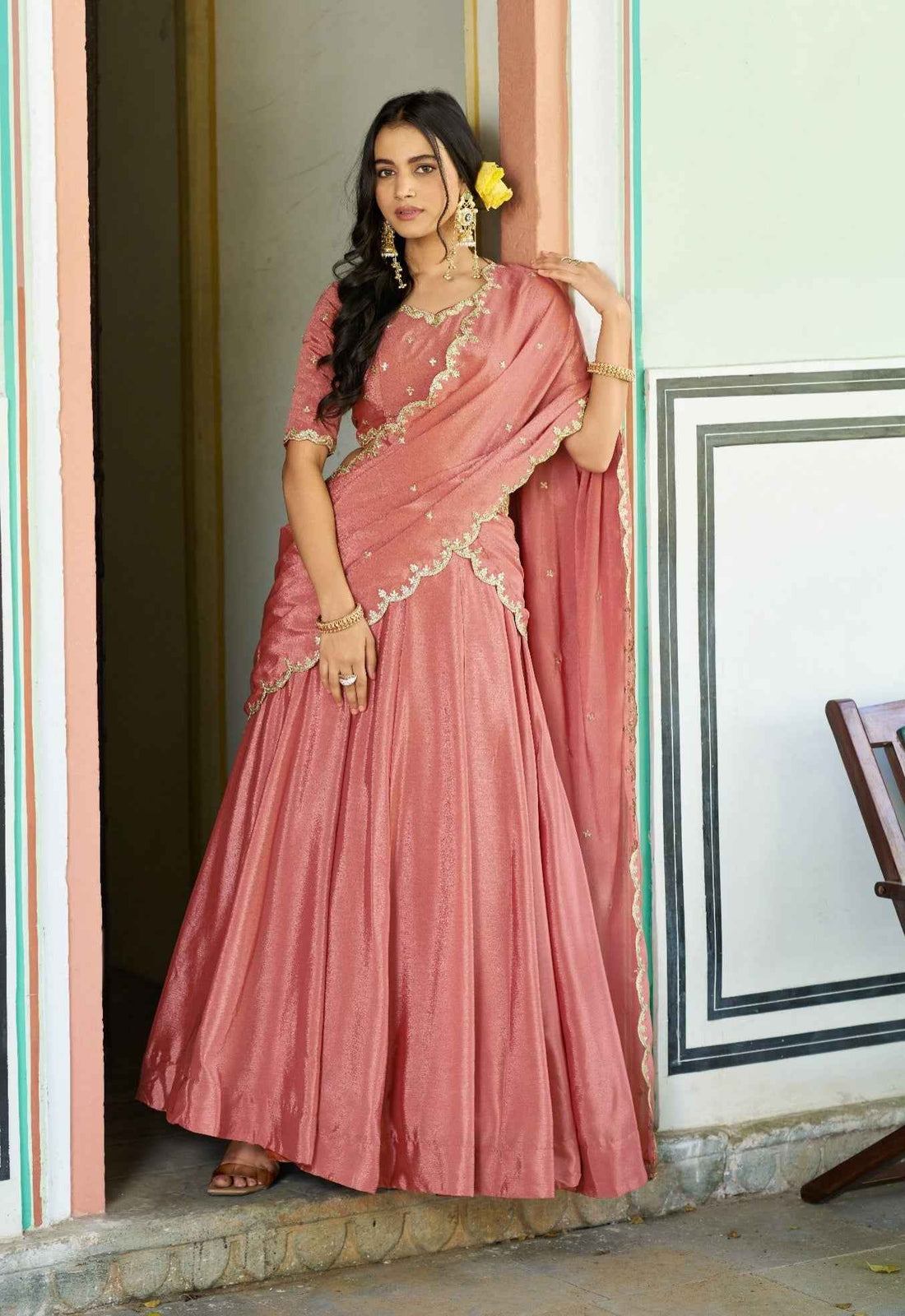 Peach Pure Soft Chinon Sequins &amp; Thread Embroidery Work Lehenga Choli