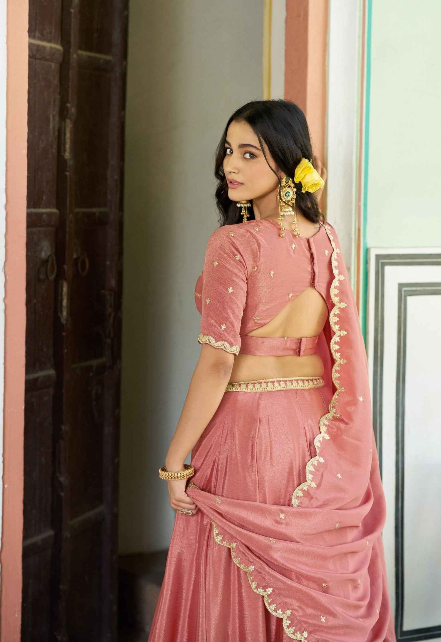 Peach Pure Soft Chinon Sequins &amp; Thread Embroidery Work Lehenga Choli