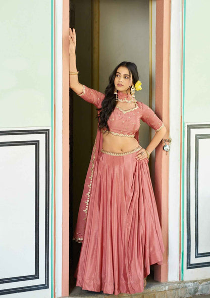 Peach Pure Soft Chinon Sequins &amp; Thread Embroidery Work Lehenga Choli