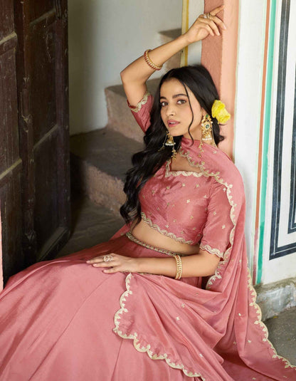 Peach Pure Soft Chinon Sequins &amp; Thread Embroidery Work Lehenga Choli
