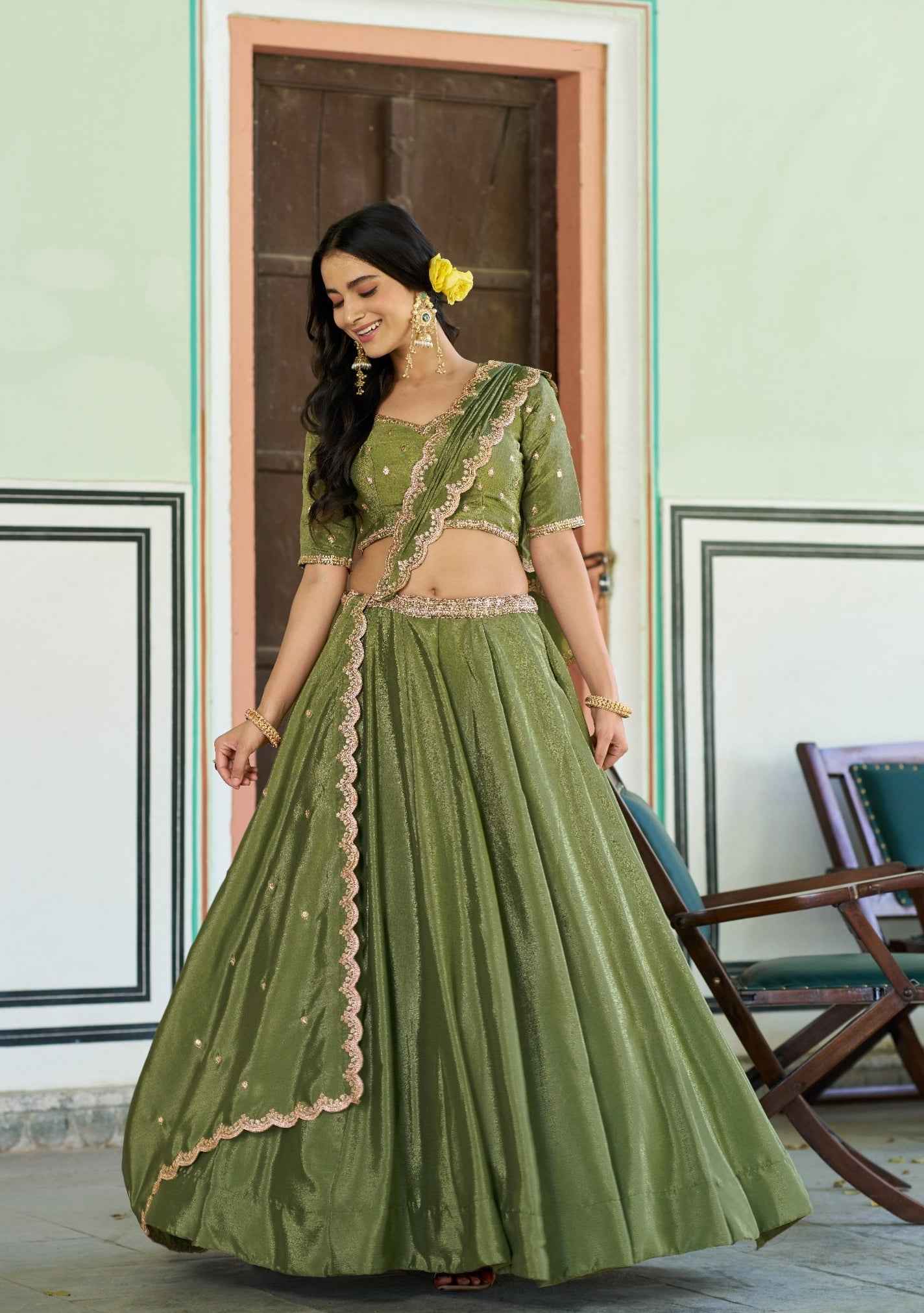 Pista Pure Soft Chinon Sequins &amp; Thread Embroidery Work Lehenga Choli