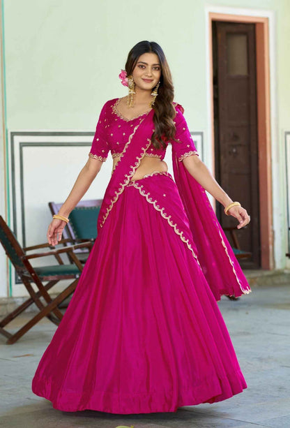 Pink Pure Soft Chinon Sequins &amp; Thread Embroidery Work Lehenga Choli