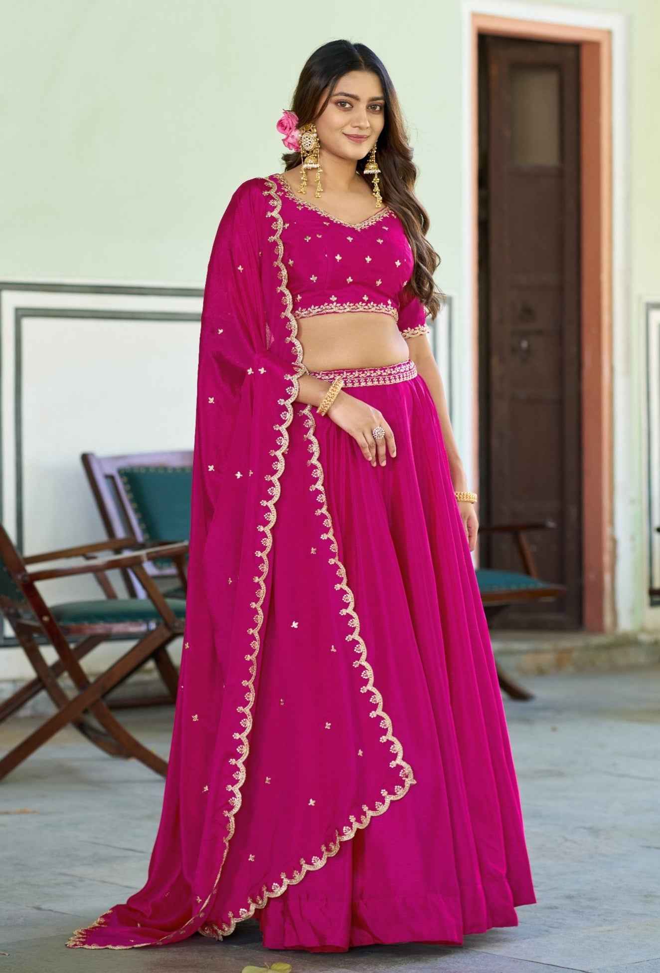 Pink Pure Soft Chinon Sequins &amp; Thread Embroidery Work Lehenga Choli