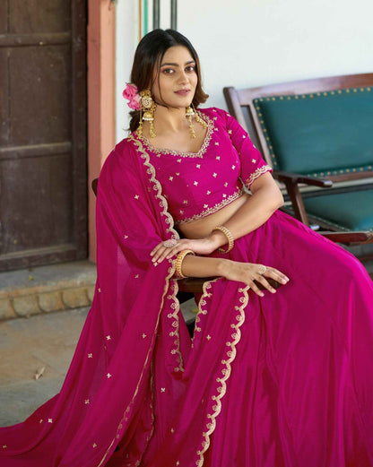 Pink Pure Soft Chinon Sequins &amp; Thread Embroidery Work Lehenga Choli