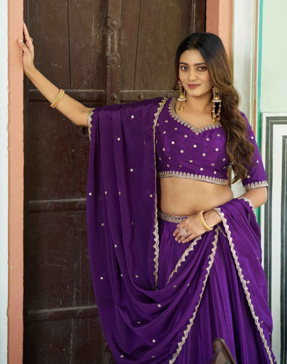 Purple Pure Soft Chinon Sequins &amp; Thread Embroidery Work Lehenga Choli
