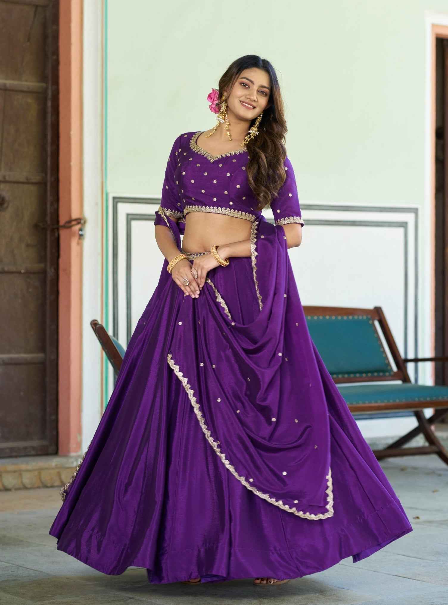 Purple Pure Soft Chinon Sequins &amp; Thread Embroidery Work Lehenga Choli