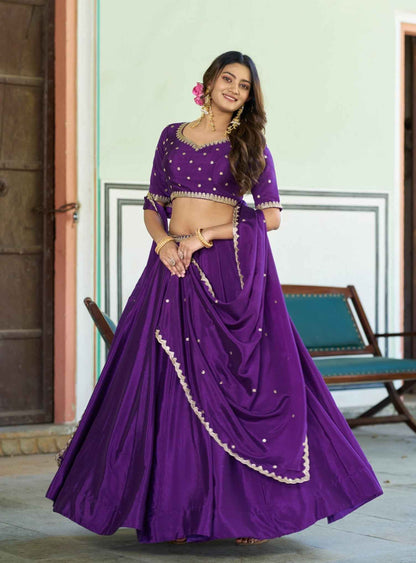 Purple Pure Soft Chinon Sequins &amp; Thread Embroidery Work Lehenga Choli
