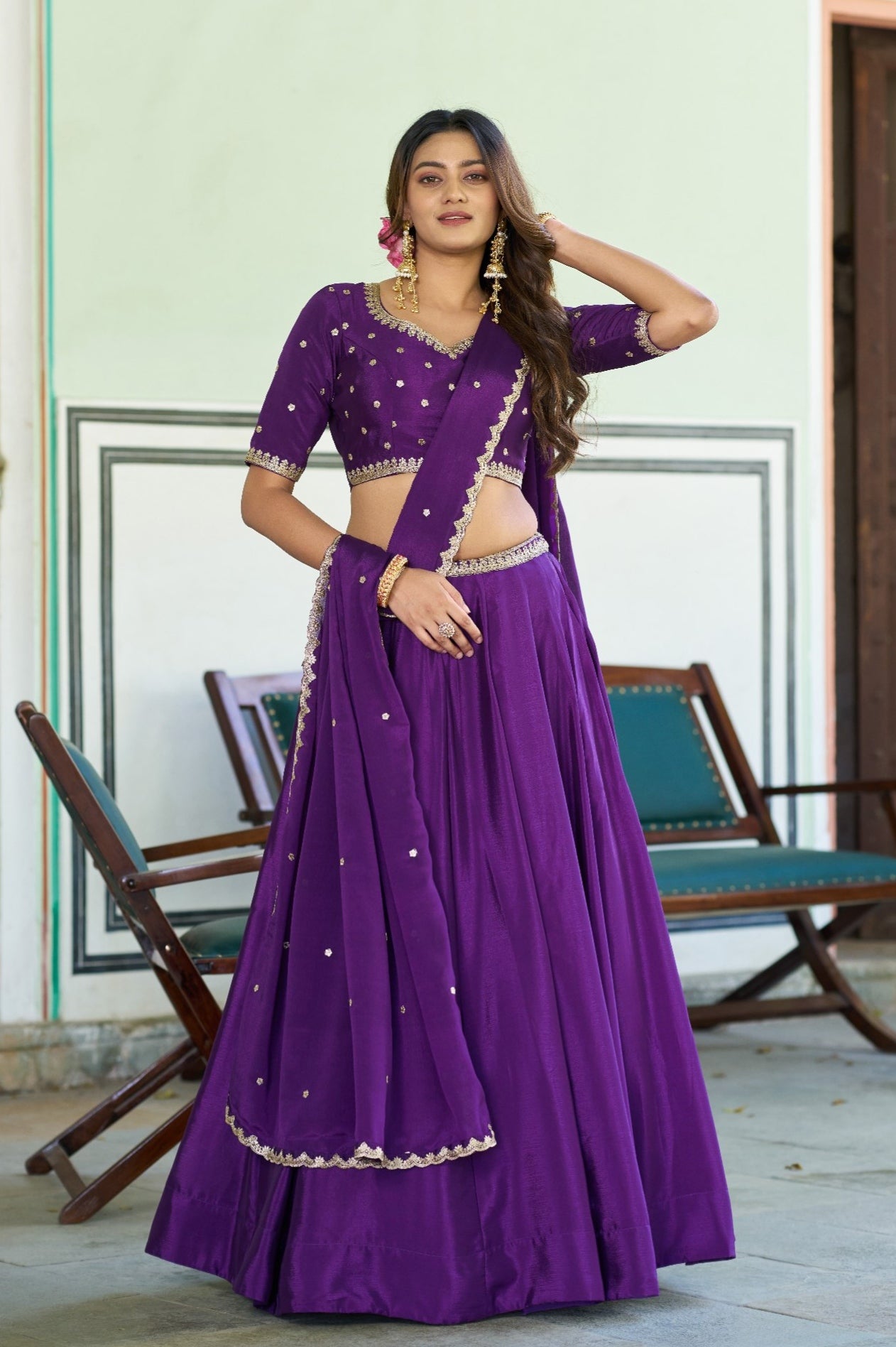 Purple Pure Soft Chinon Sequins &amp; Thread Embroidery Work Lehenga Choli