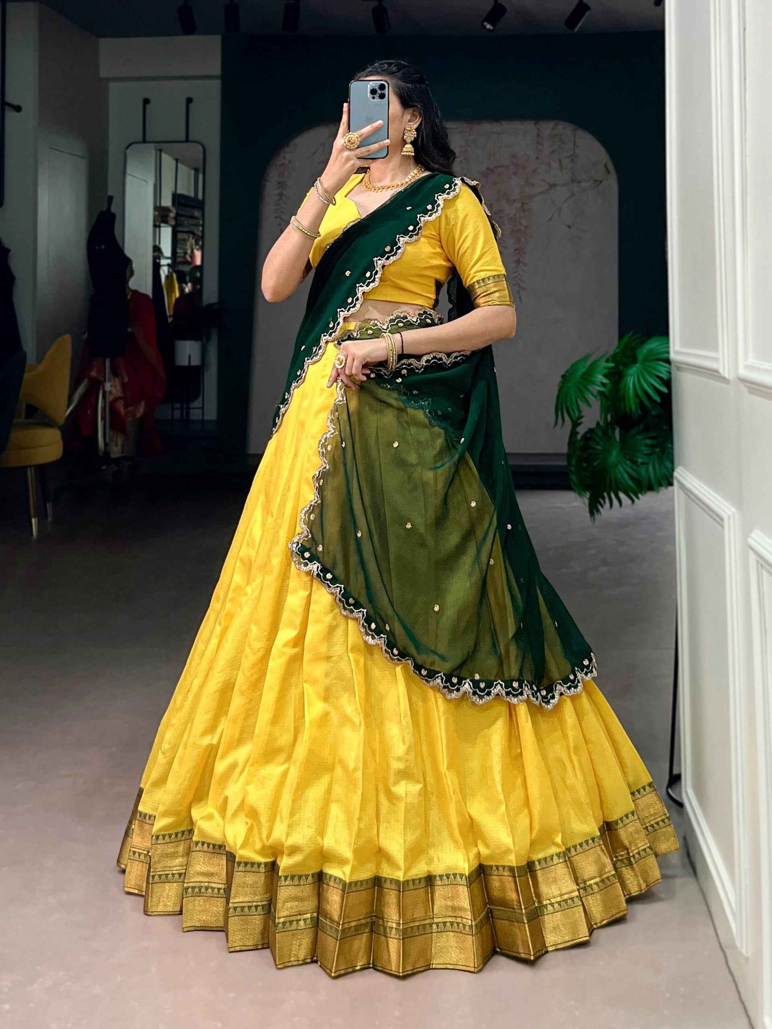 Yellow Pure Soft Cotton Silk Zari Weaving Work Paithani Lehenga Choli