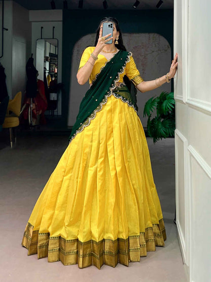 Yellow Pure Soft Cotton Silk Zari Weaving Work Paithani Lehenga Choli