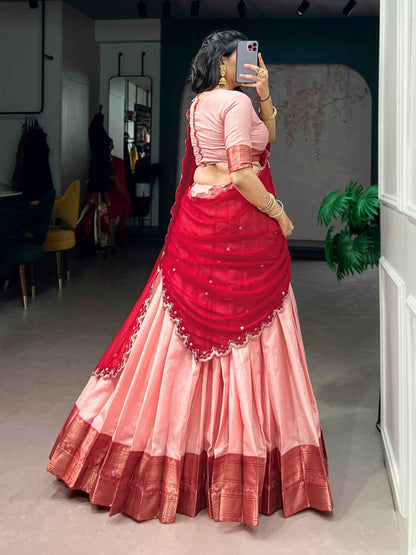 Peach Pure Soft Cotton Silk Zari Weaving Work Paithani Lehenga Choli