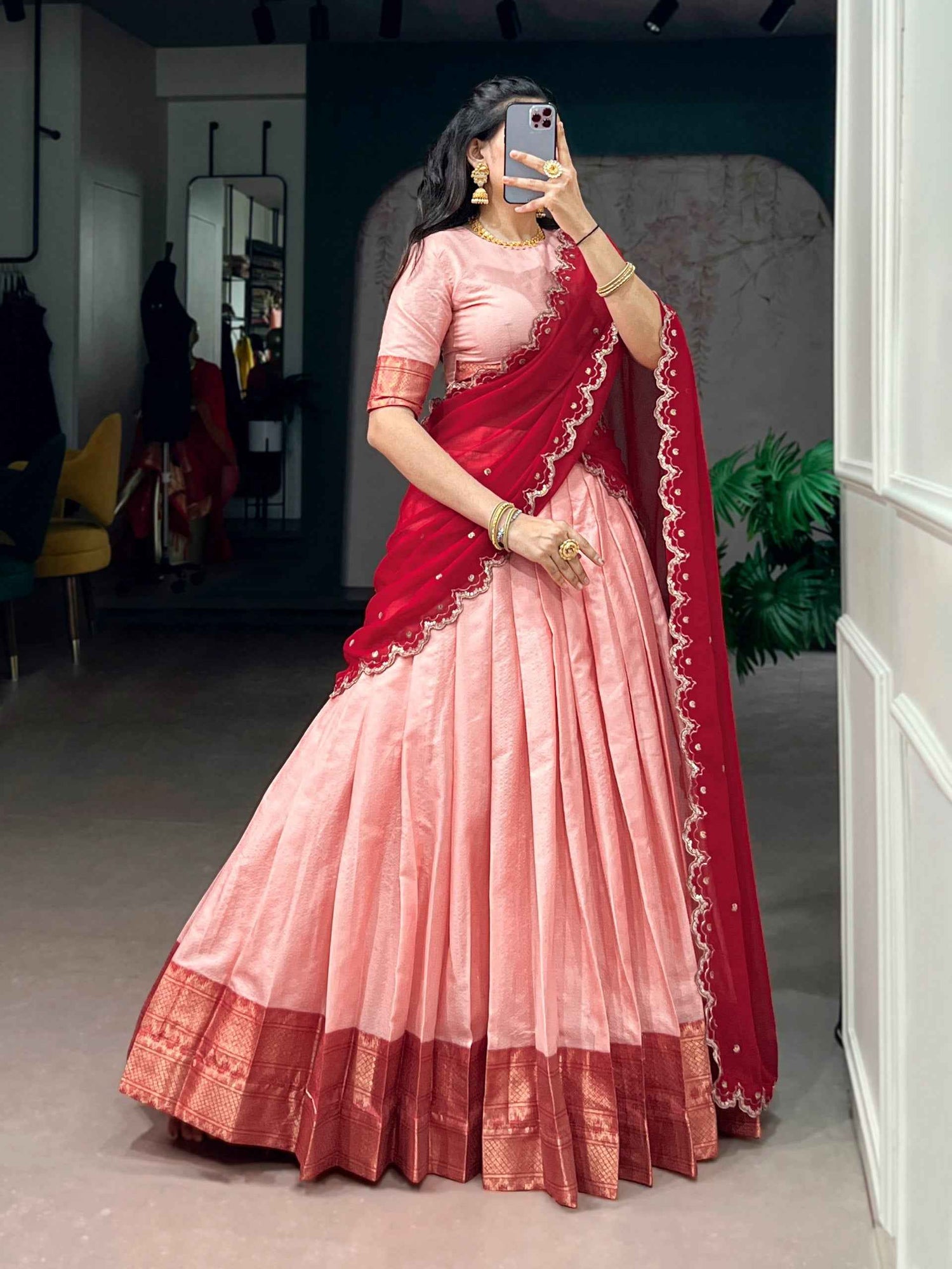 Peach Pure Soft Cotton Silk Zari Weaving Work Paithani Lehenga Choli