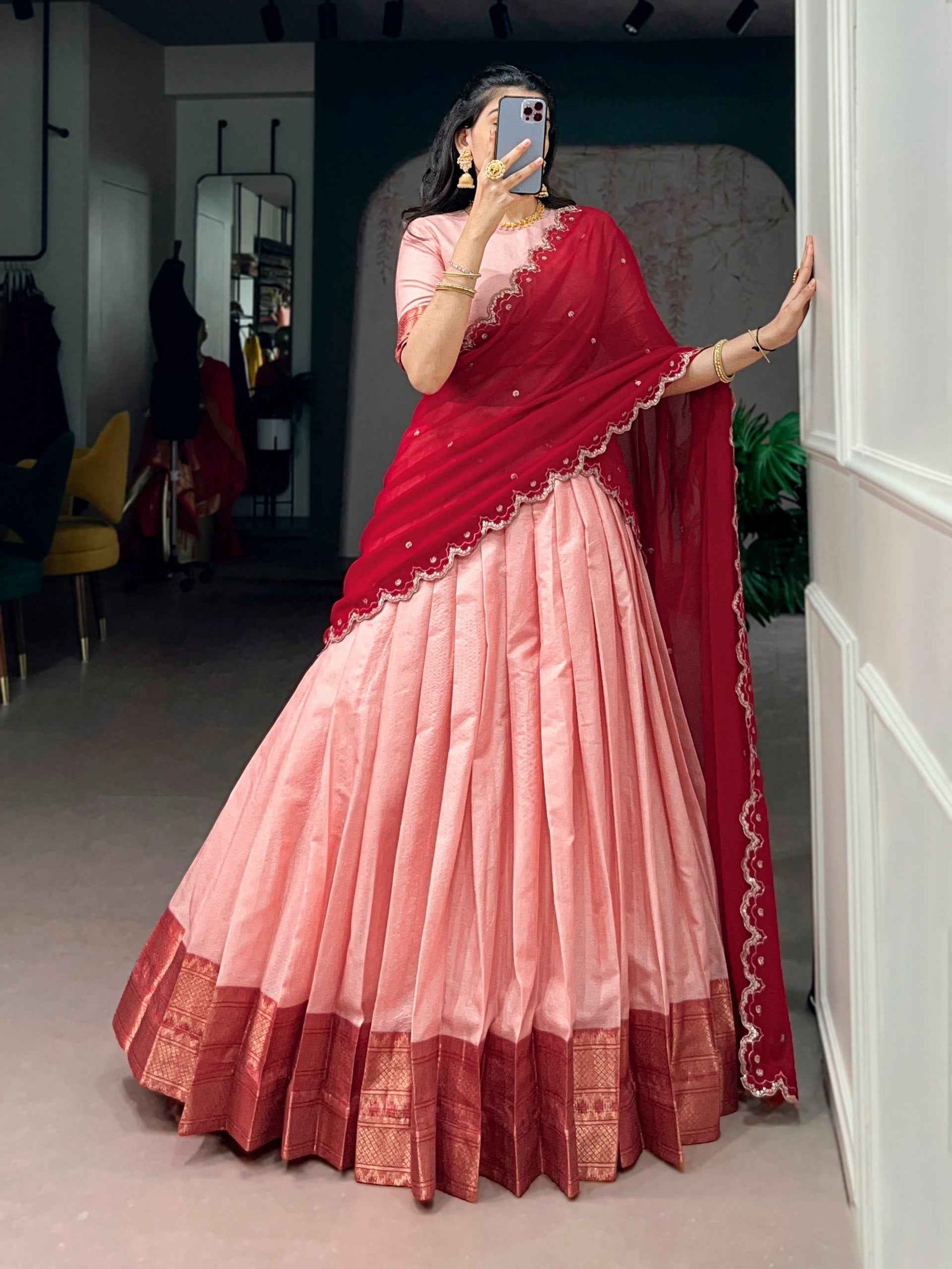 Peach Pure Soft Cotton Silk Zari Weaving Work Paithani Lehenga Choli