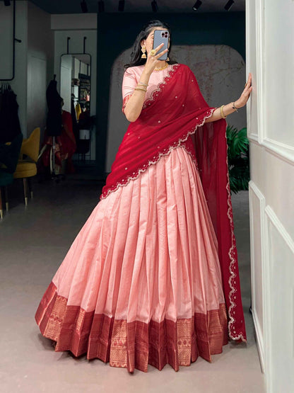 Peach Pure Soft Cotton Silk Zari Weaving Work Paithani Lehenga Choli