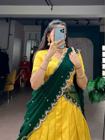 Yellow Pure Soft Cotton Silk Zari Weaving Work Paithani Lehenga Choli