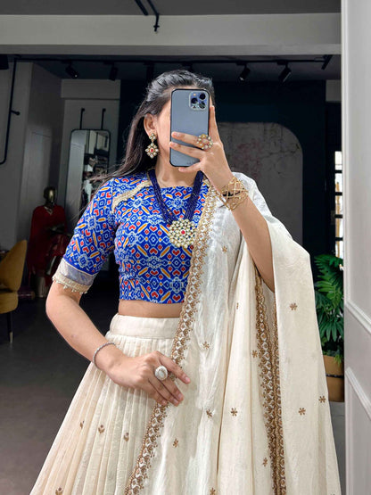 Off White Pure Soft Vichitra Silk Sequins &amp; Thread Embroidery Work Lehenga Choli