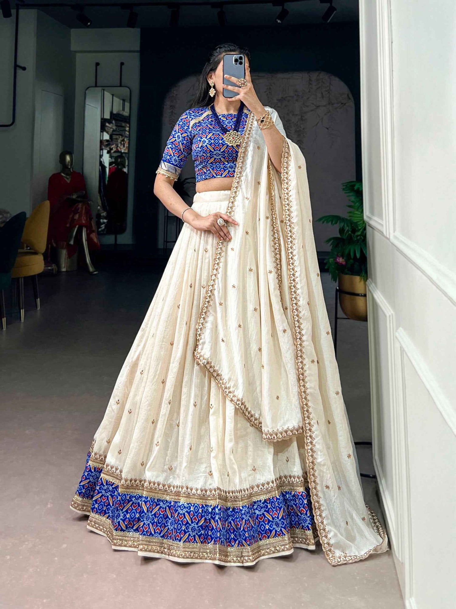 Off White Pure Soft Vichitra Silk Sequins &amp; Thread Embroidery Work Lehenga Choli