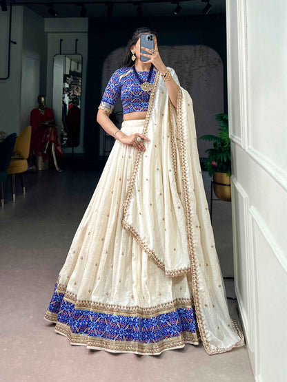 Off White Pure Soft Vichitra Silk Sequins &amp; Thread Embroidery Work Lehenga Choli