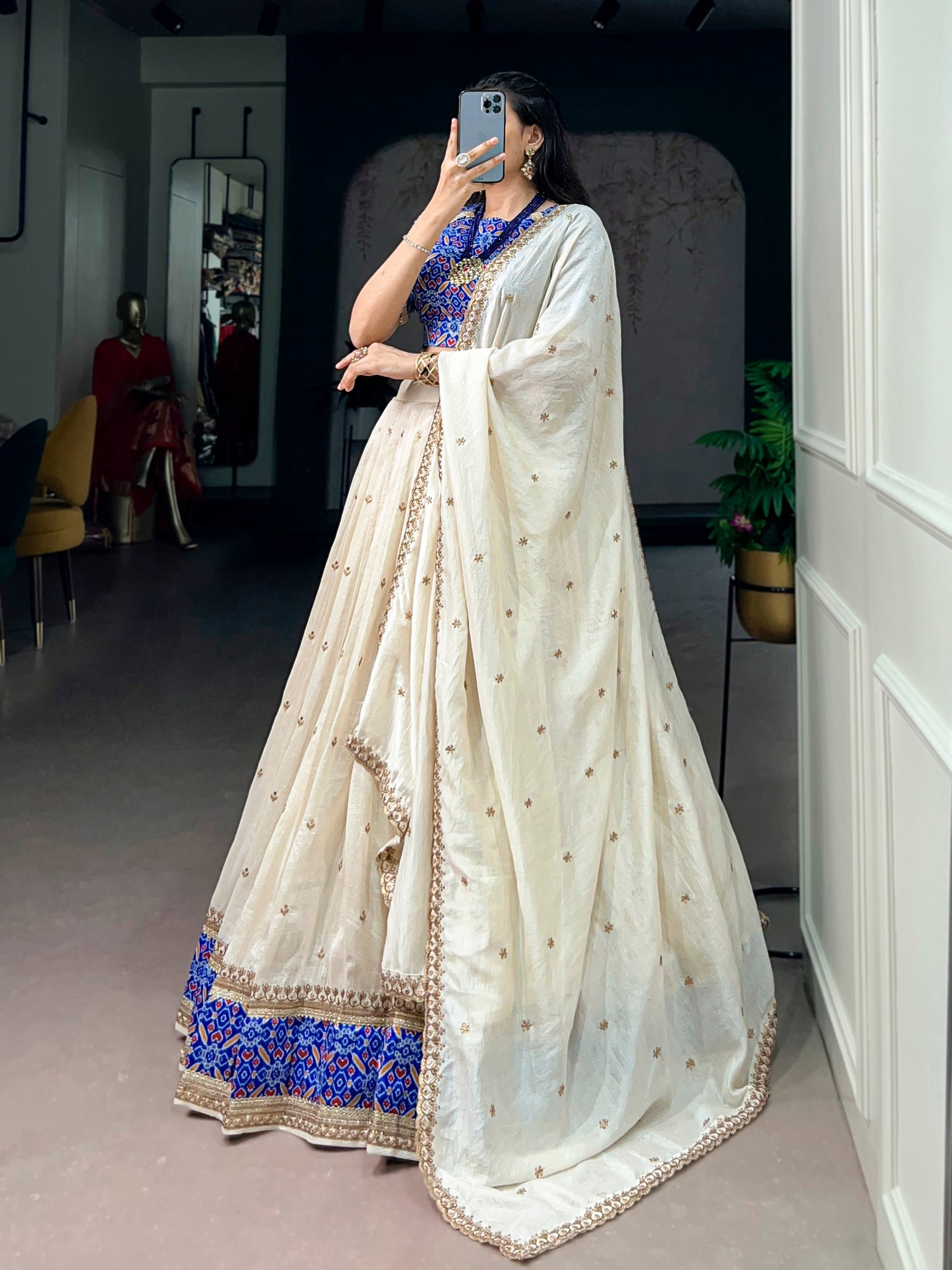 Off White Pure Soft Vichitra Silk Sequins &amp; Thread Embroidery Work Lehenga Choli