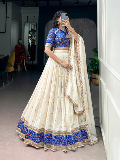 Off White Pure Soft Vichitra Silk Sequins &amp; Thread Embroidery Work Lehenga Choli