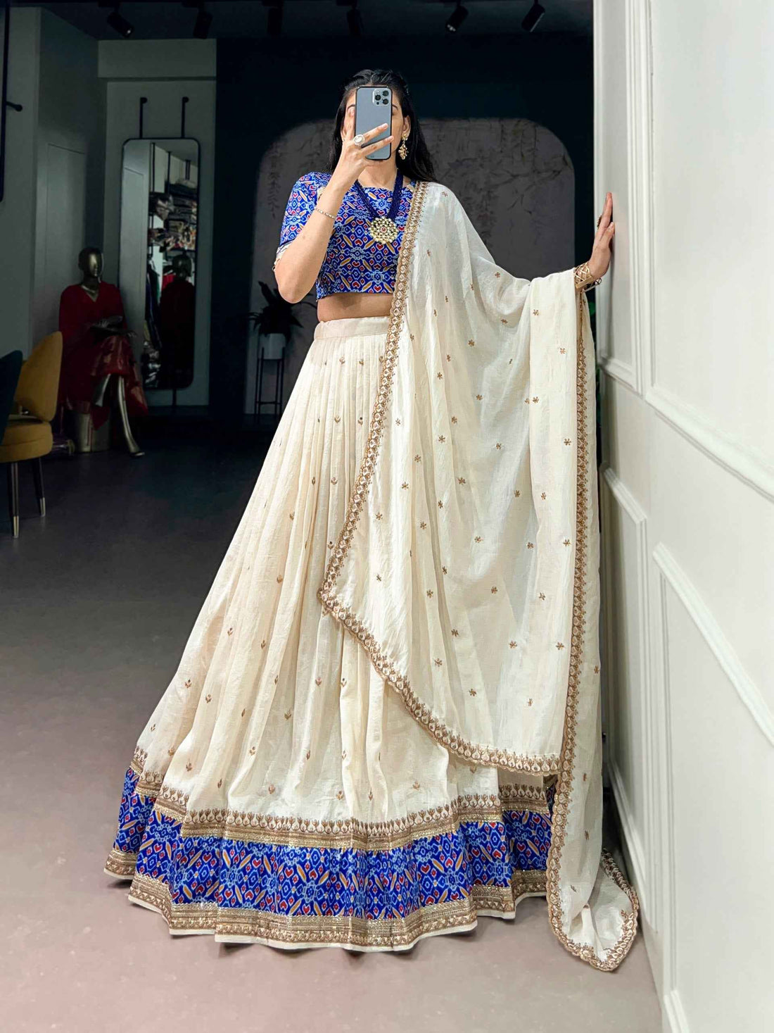 Off White Pure Soft Vichitra Silk Sequins &amp; Thread Embroidery Work Lehenga Choli