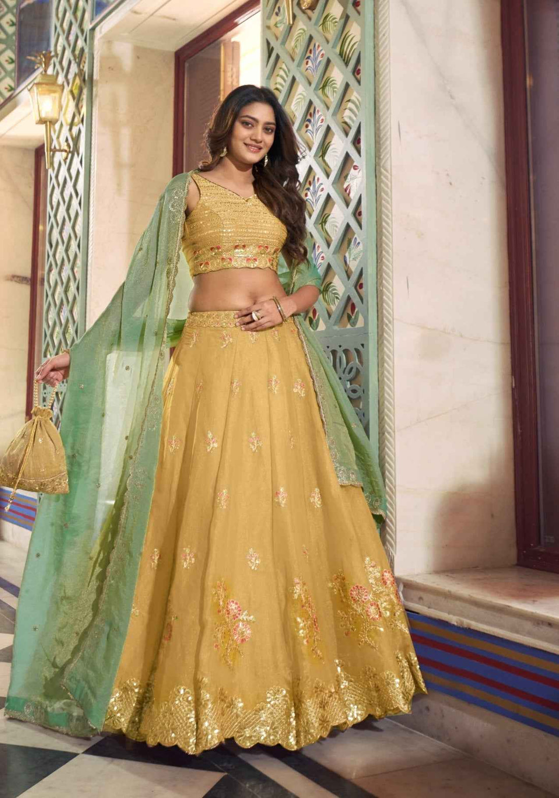 Yellow Pure Soft Moss Silk Sequins &amp; Thread Embroidery Work Lehenga Choli