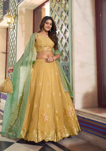 Yellow Pure Soft Moss Silk Sequins &amp; Thread Embroidery Work Lehenga Choli