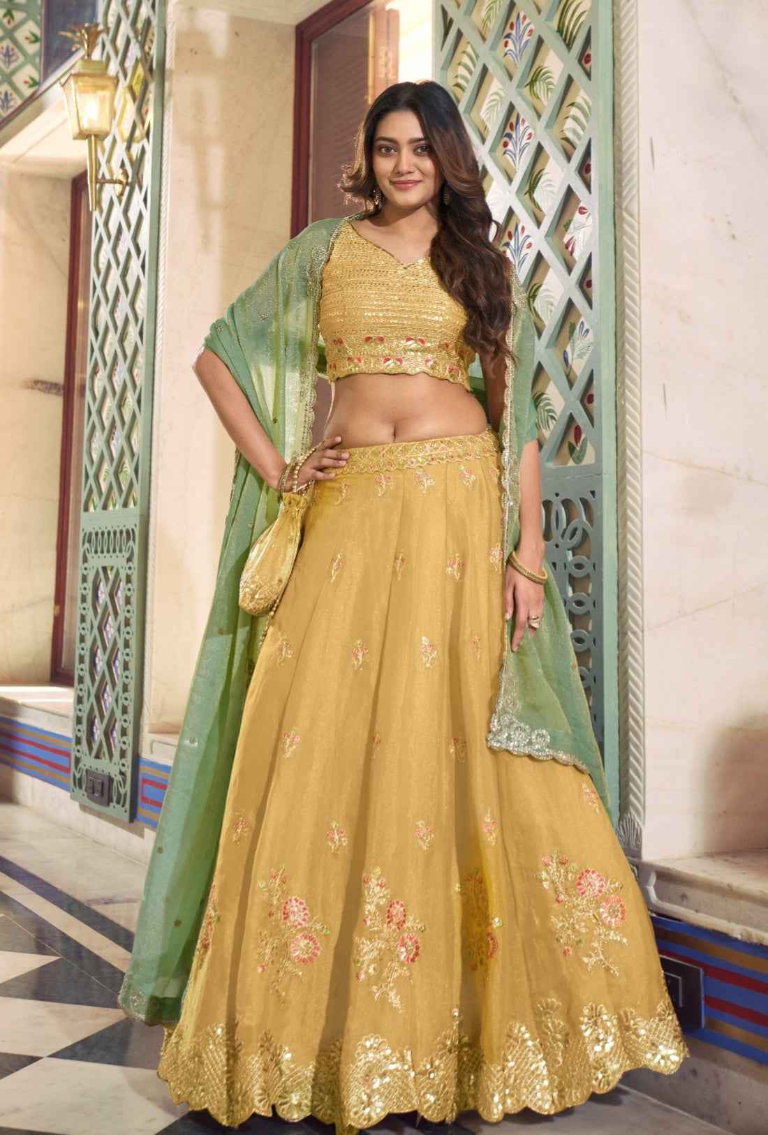 Yellow Pure Soft Moss Silk Sequins &amp; Thread Embroidery Work Lehenga Choli