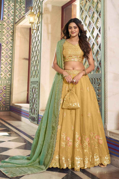 Yellow Pure Soft Moss Silk Sequins &amp; Thread Embroidery Work Lehenga Choli