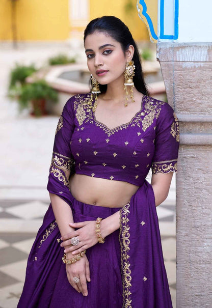 Purple Pure Soft NC Silk Plain Work Lehenga Choli