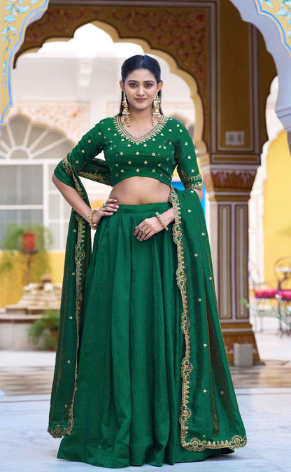 Green Pure Soft NC Silk Plain Work Lehenga Choli