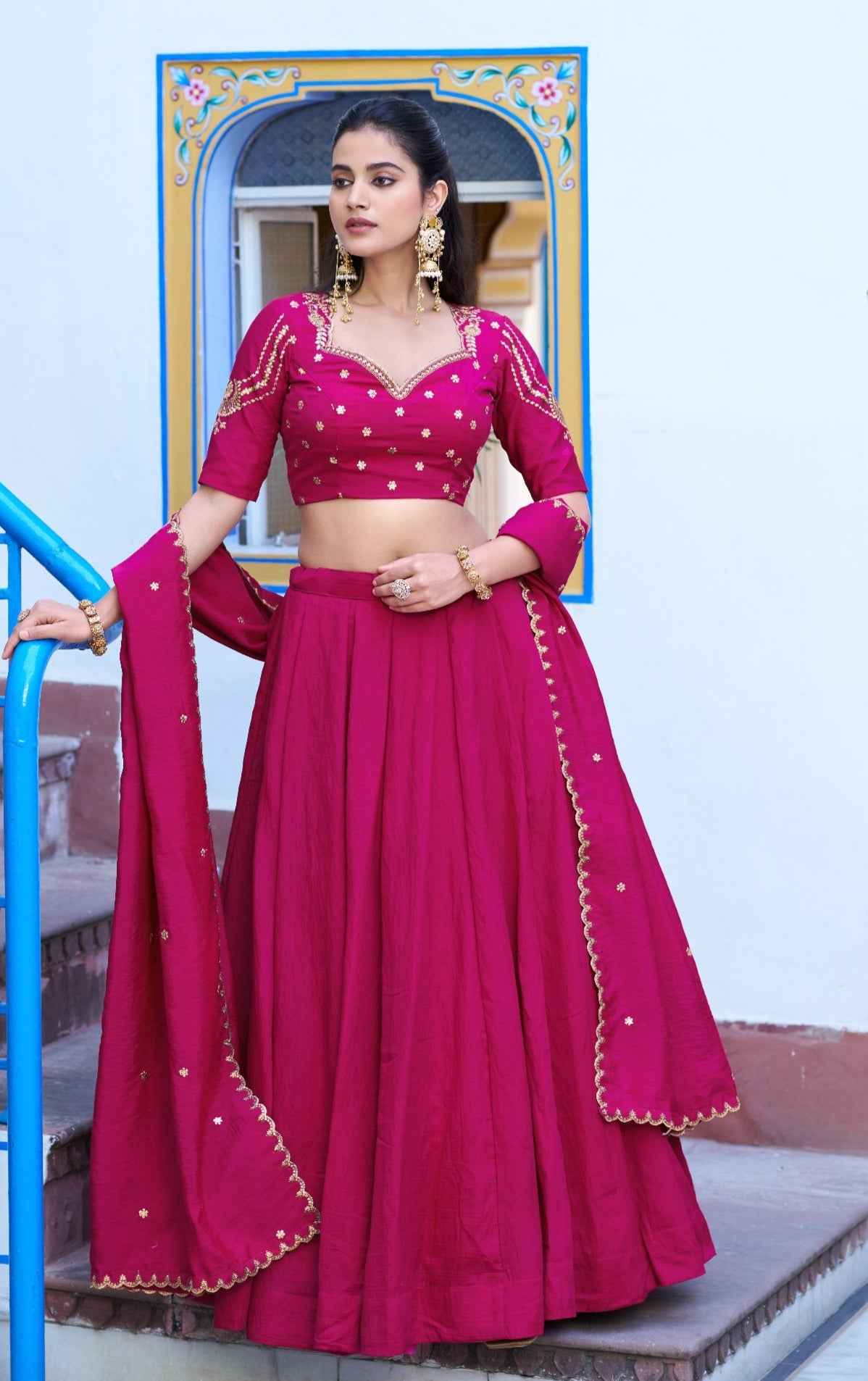 Pink Pure Soft NC Silk Plain Work Lehenga Choli