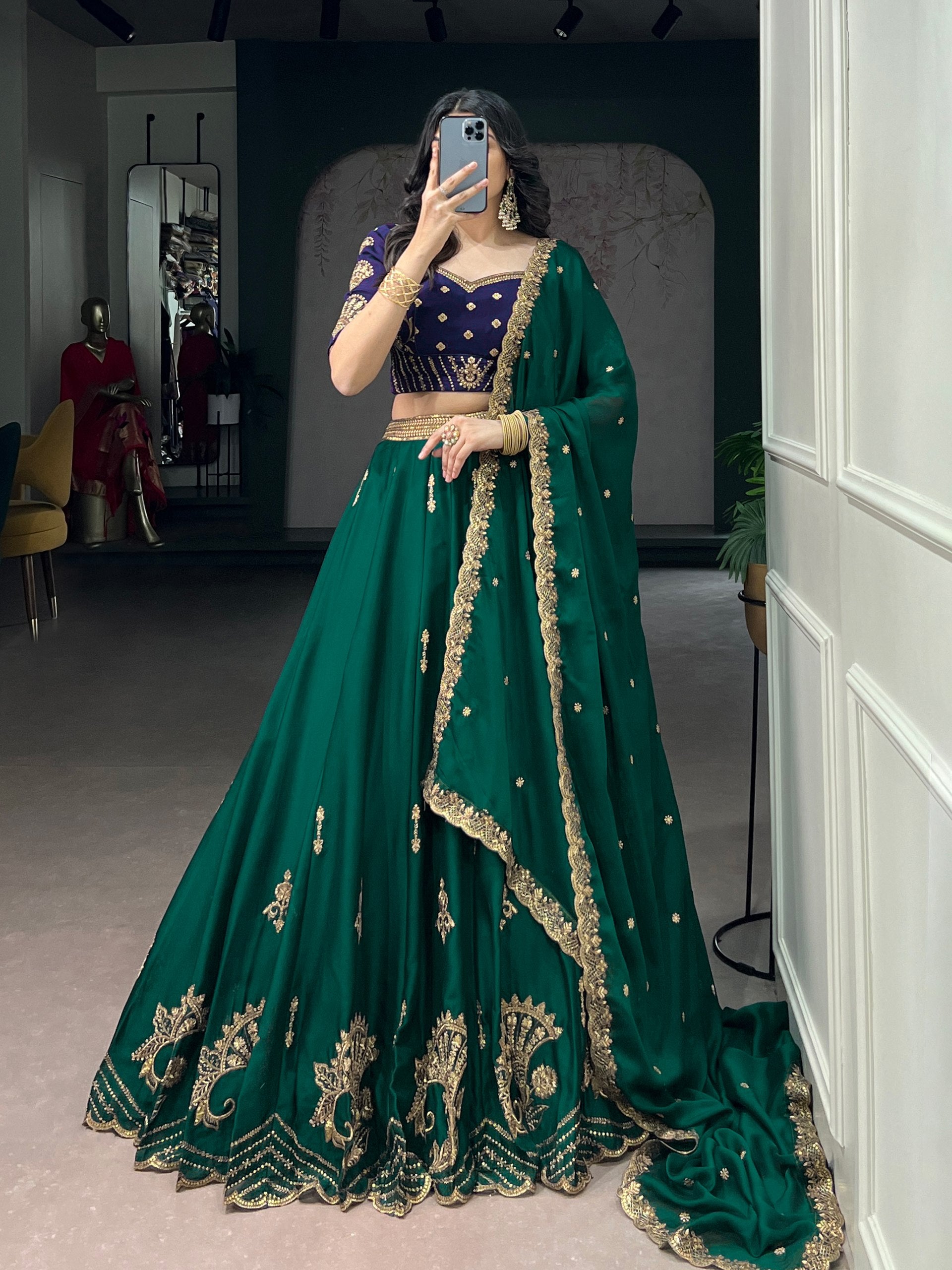 Green Pure Soft Rangoli Silk Sequins and Thread Embroidery Lehenga Choli