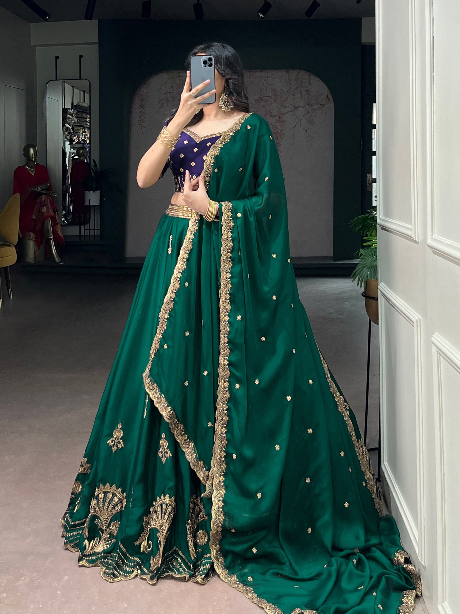 Green Pure Soft Rangoli Silk Sequins and Thread Embroidery Lehenga Choli
