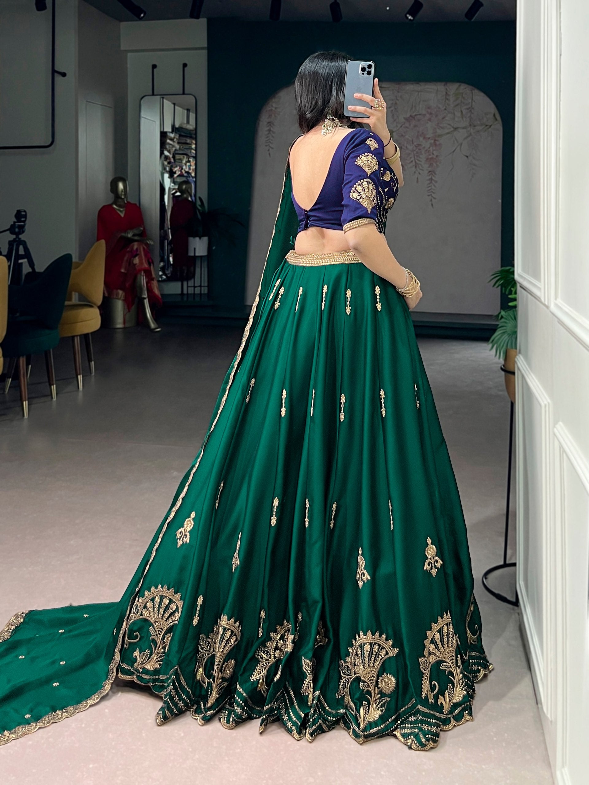 Green Pure Soft Rangoli Silk Sequins and Thread Embroidery Lehenga Choli