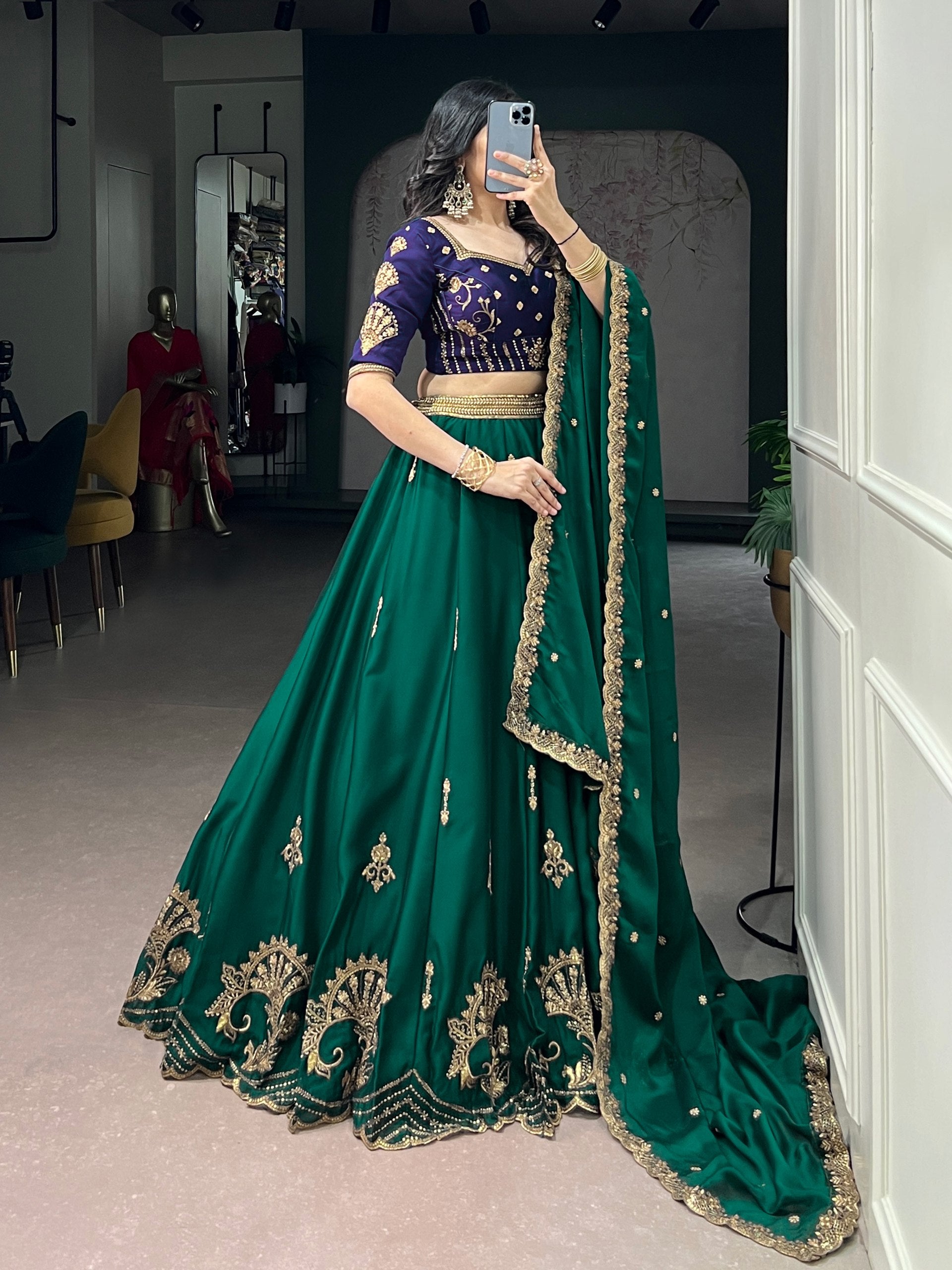 Green Pure Soft Rangoli Silk Sequins and Thread Embroidery Lehenga Choli