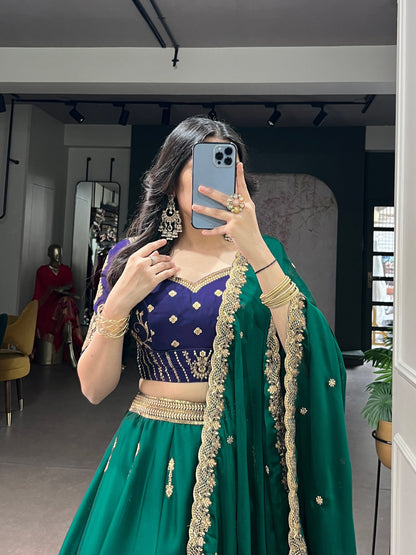 Green Pure Soft Rangoli Silk Sequins and Thread Embroidery Lehenga Choli