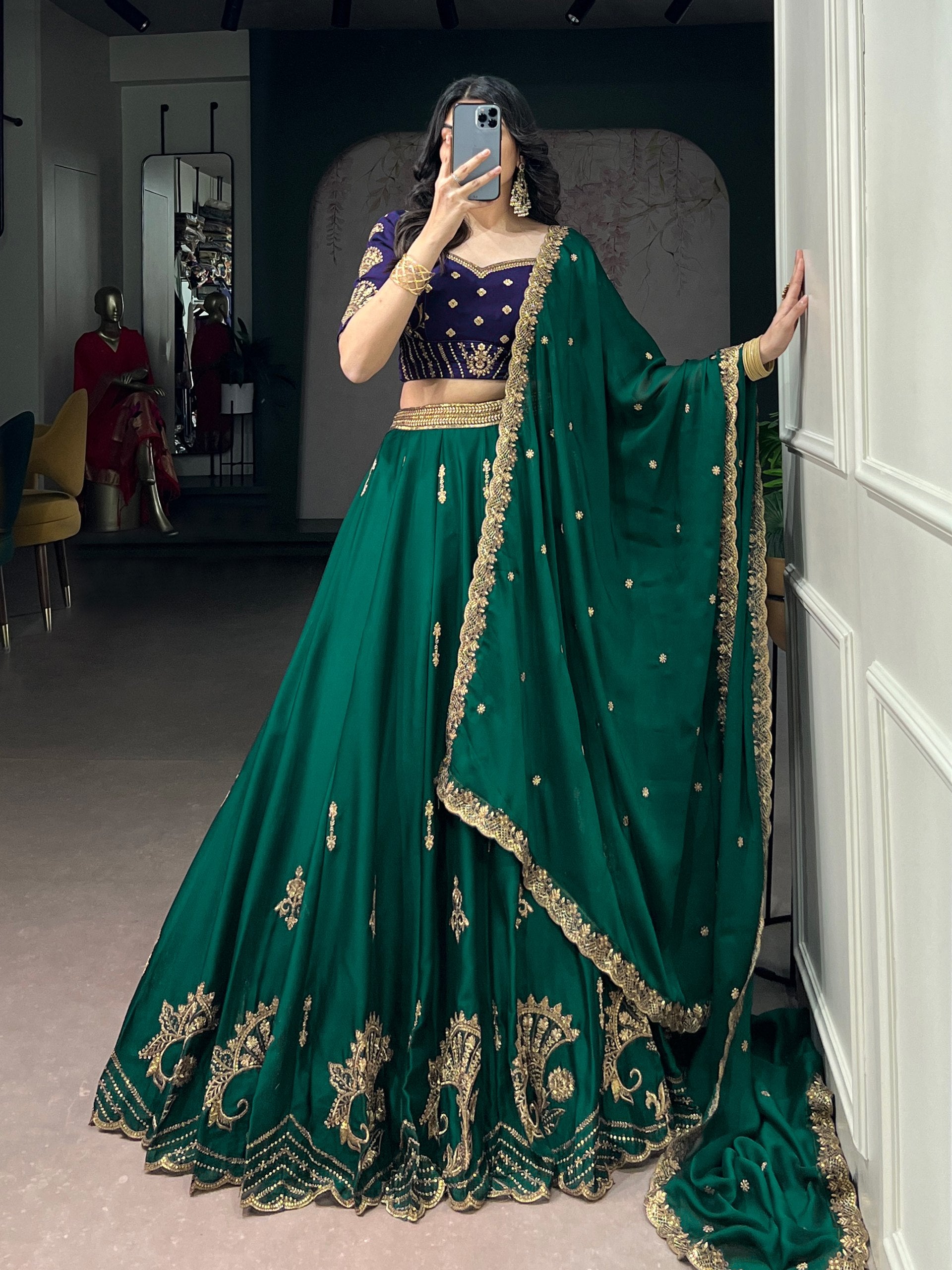 Green Pure Soft Rangoli Silk Sequins and Thread Embroidery Lehenga Choli