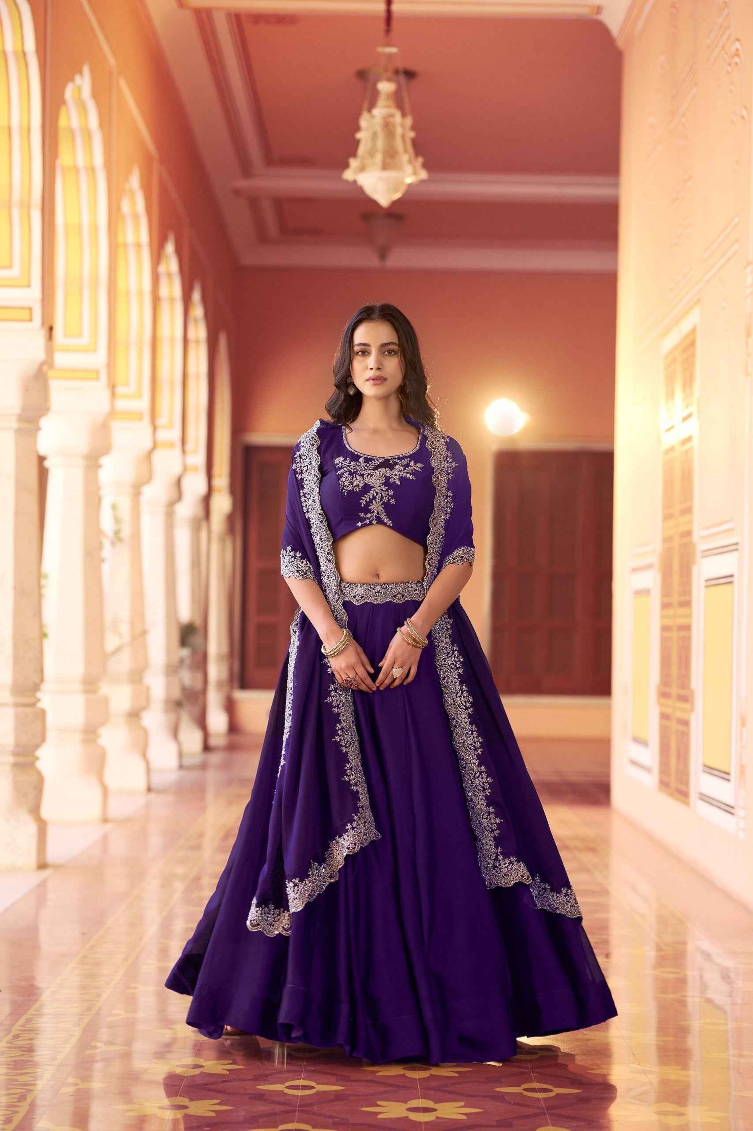 Purple Pure Rangoli Silk Tube Beads with Sequence Thread Embroidery Work Lehenga Choli