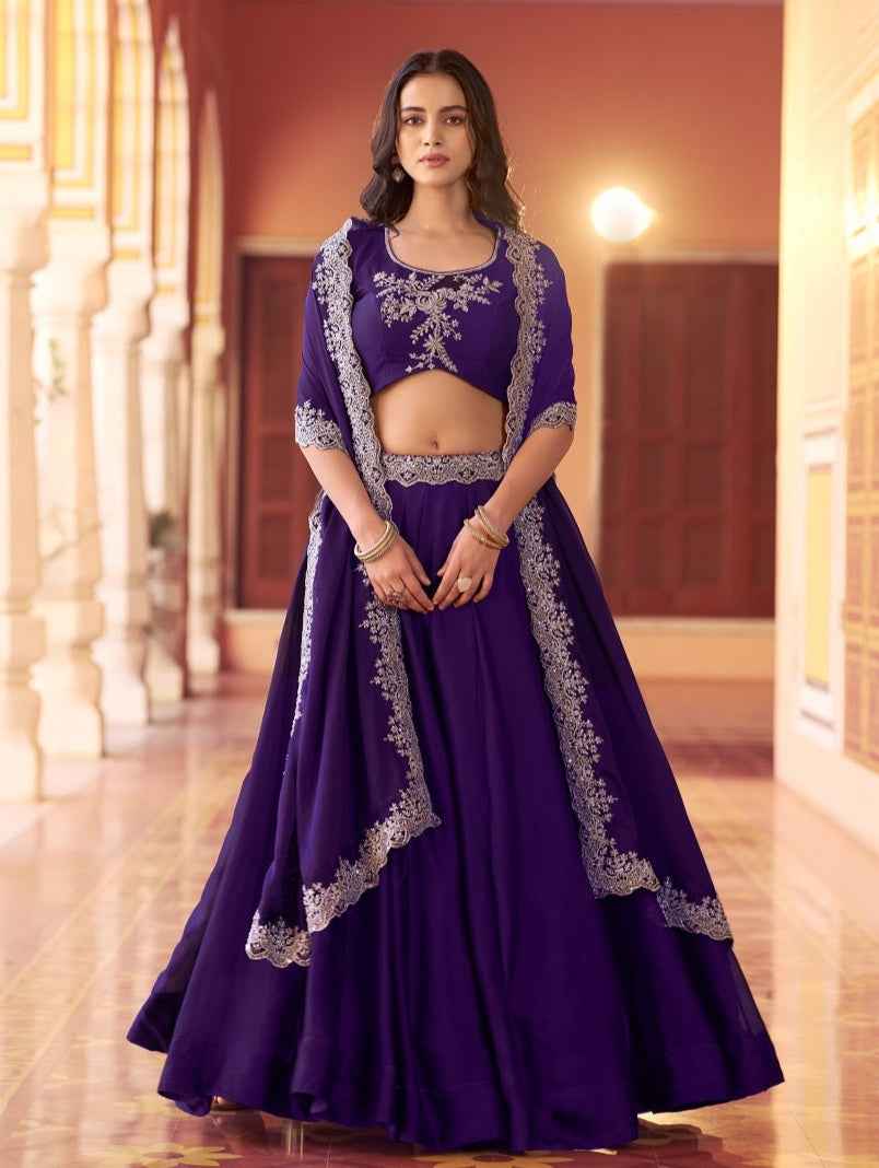 Purple Pure Rangoli Silk Tube Beads with Sequence Thread Embroidery Work Lehenga Choli