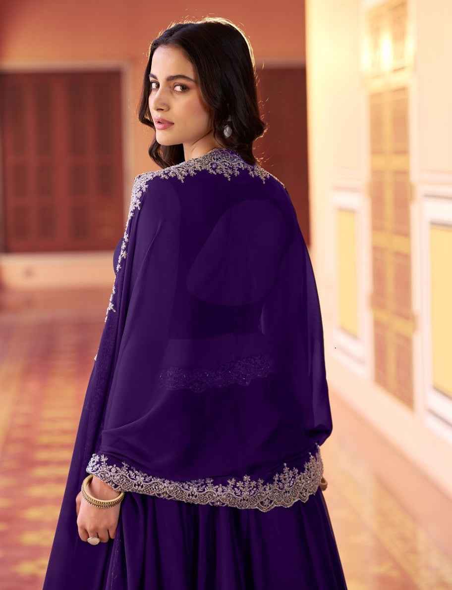 Purple Pure Rangoli Silk Tube Beads with Sequence Thread Embroidery Work Lehenga Choli